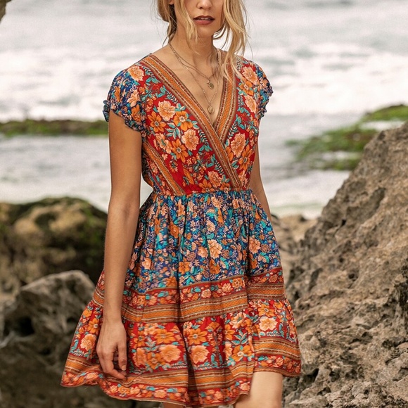Boho Chic Floral Print V-neck Ruffle Hem DRESS - Picture 7 of 7